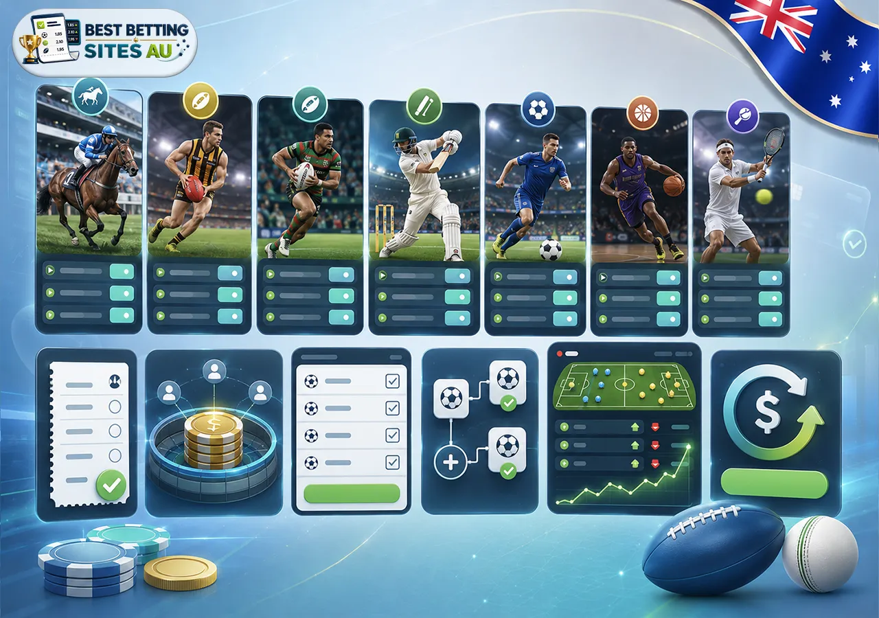 Full sportsbook list for Australia with ranked betting cards, sports icons, verification shields, and comparison filters.